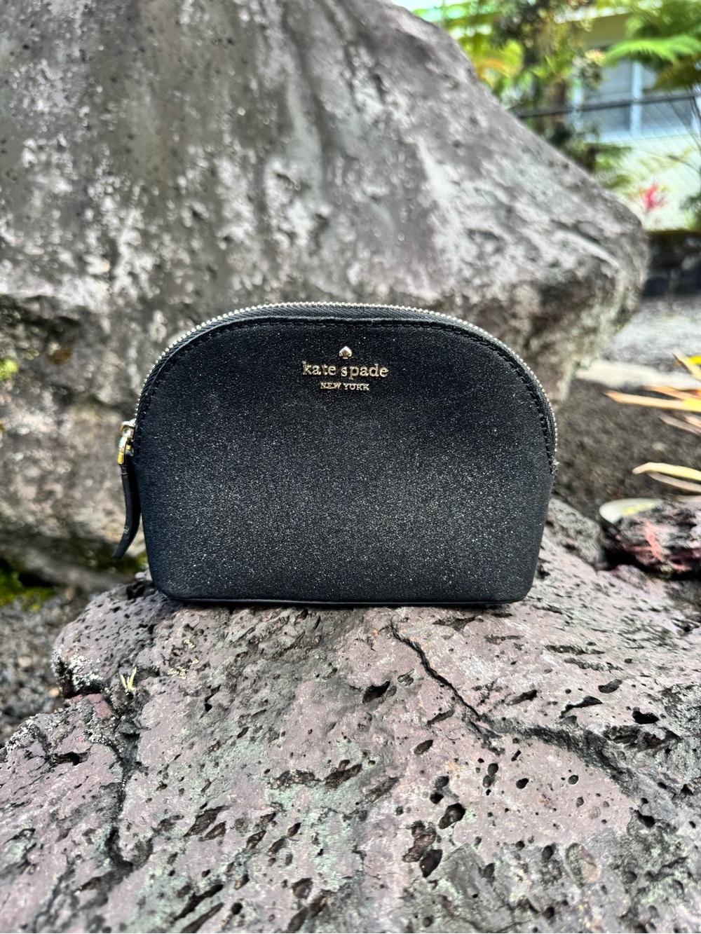 Kate Spade New York Black Glitter Dome Cosmetic Pouch Makeup Bag